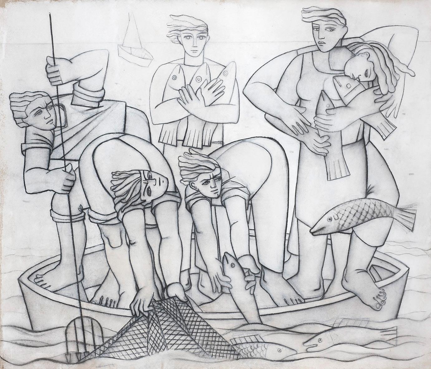 La pesca, Dibujo sobre cartón. Carbón. 115 x 135 cm, 2011
